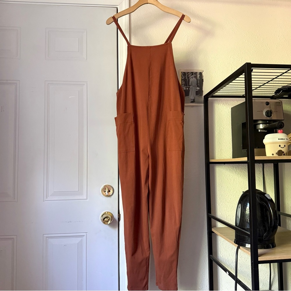 STORQ‎ rust brown cotton stretch slim leg cropped jumpsuit